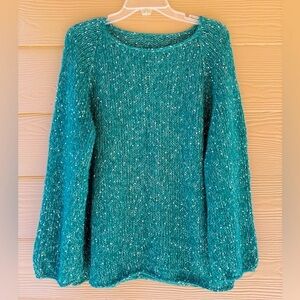 Handmade Knit Alpaca Silk Lurex Elegant Teal Green Lightweight Sweater Size XL